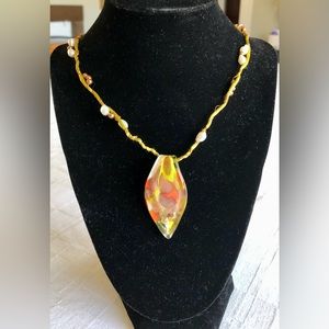 Murano Glass Pendant Necklace on 22" silk roping wrapped in copper and pearls